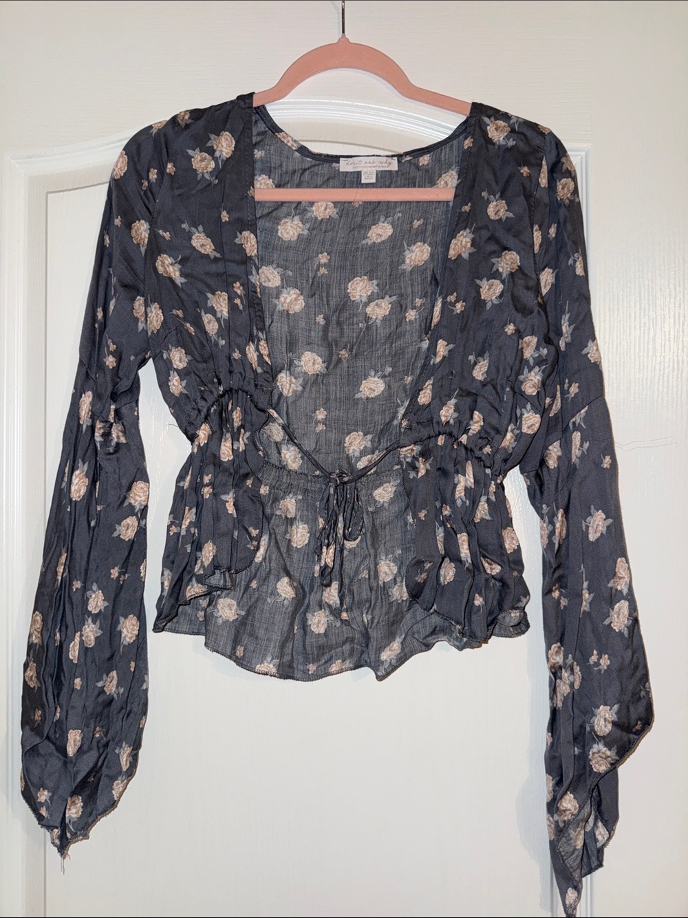 Floral Tie-Front Blouse - Black with Cream Roses